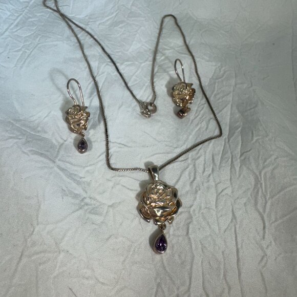 Sterling Silver Rose Jewelry Set W/ Amethyst Teardrop Accents Necklace Earrings - Picture 5 of 5